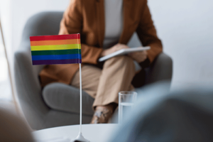 image of client and therapist talking with a LGBTQ rainbow flag highlighted on the table between them indicating LGBTQ-inclusive mental health programs are available.