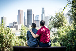 Two men looking at LA skylline