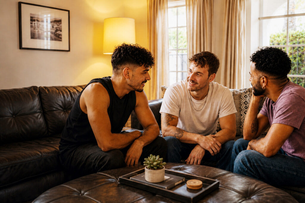 A group of young men casually sitting on couches discussing sobriety and LGBTQ+